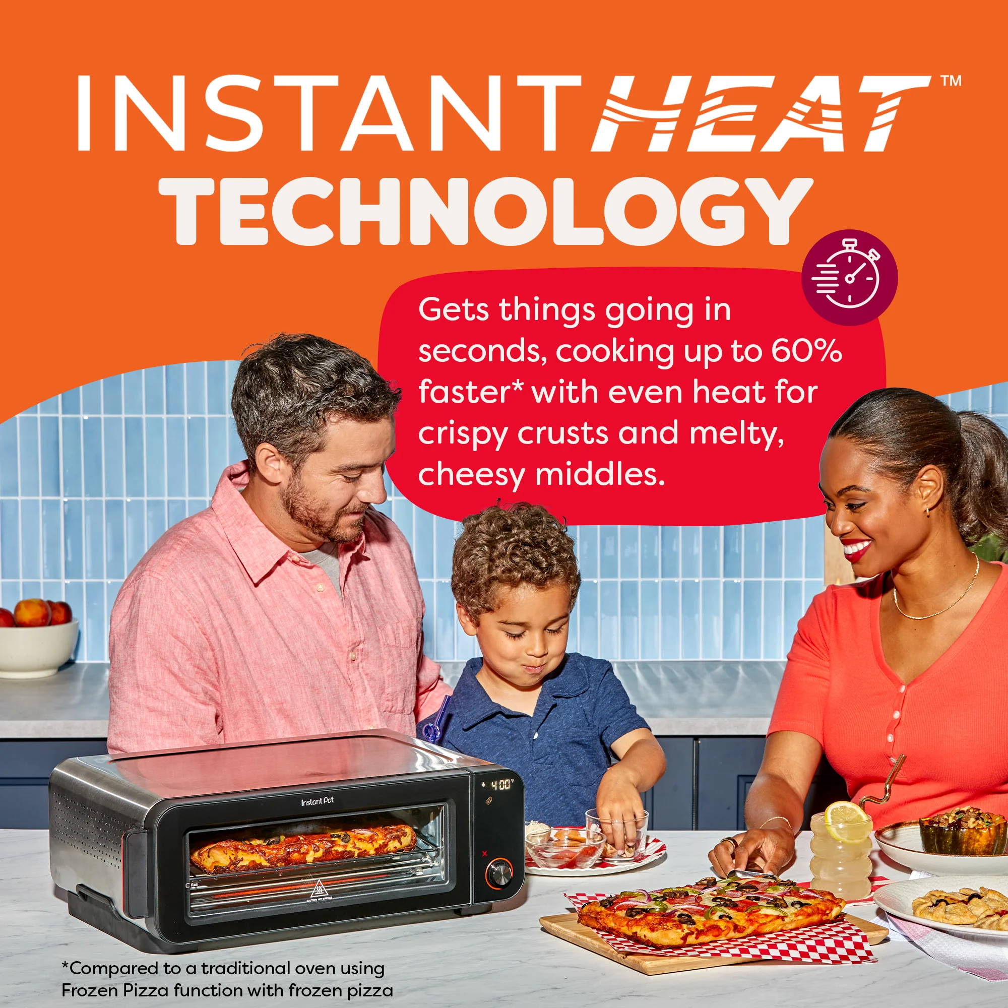 A family gathers at the counter to enjoy pizza while the Instant Pot InstantHeat Pizza and Toaster Oven bakes a frozen pizza