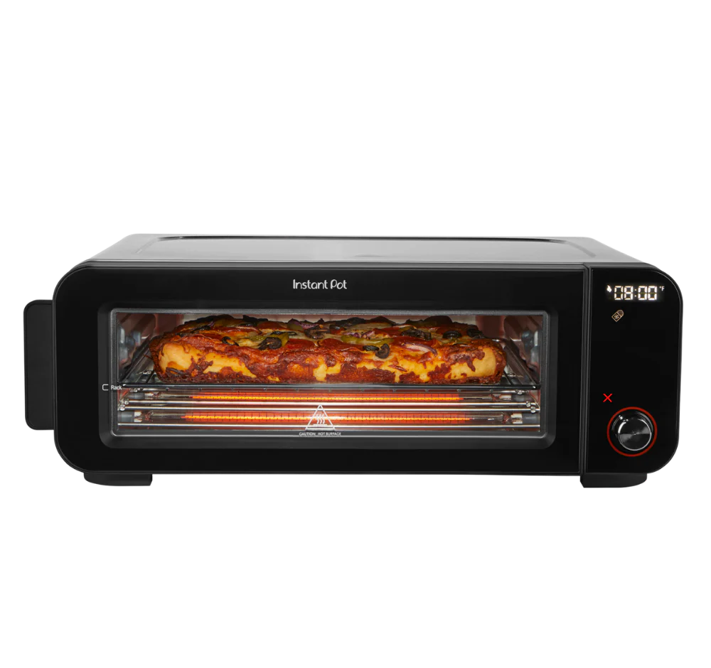 Instant Pot Pizza and Toaster Oven with a pizza inside on a white background