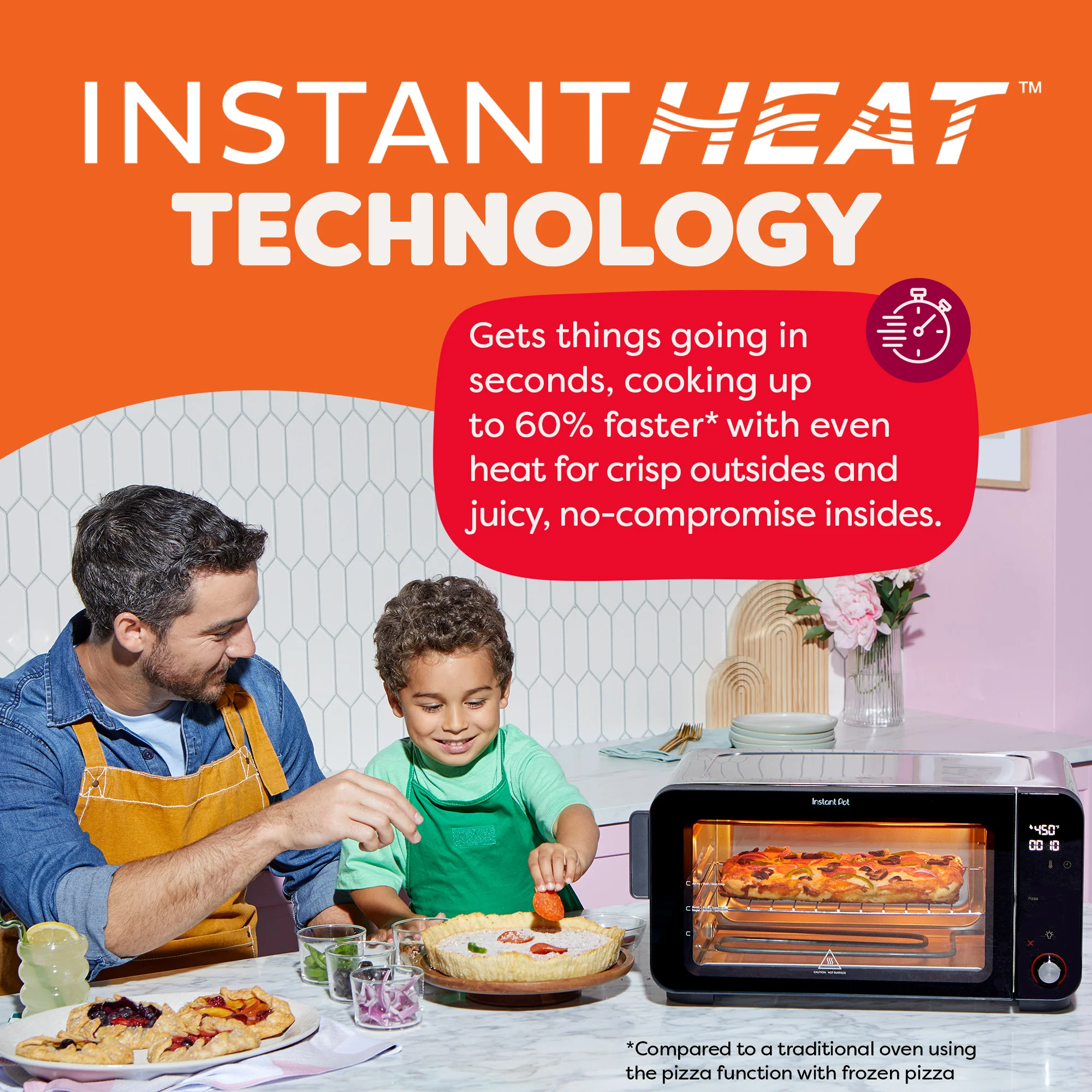 A father and son prepare a pie together next to the Instant Pot toaster oven